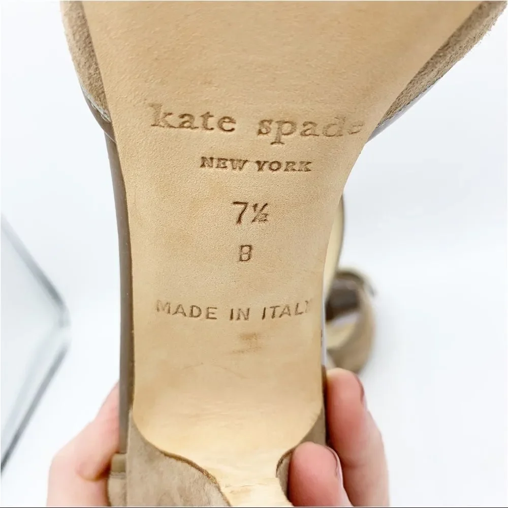 Kate Spade Taupe Suede Peep-to Platform Stiletto Sandals Chain w/Ribbon Sz 7.5‎